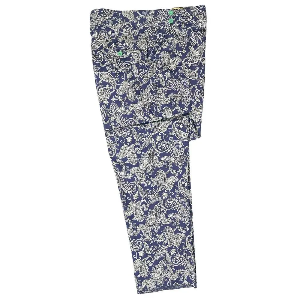 Mens Gurkha Pants 36 Blue Beige Paisley Chino Trousers Straight Fit Flat Front